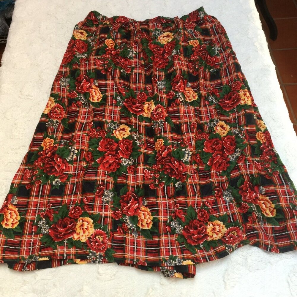 Talbots Petites Womens Rayon Plaid & Floral Midi Skirt Size 12P Red/Green Pocket - Picture 2 of 8
